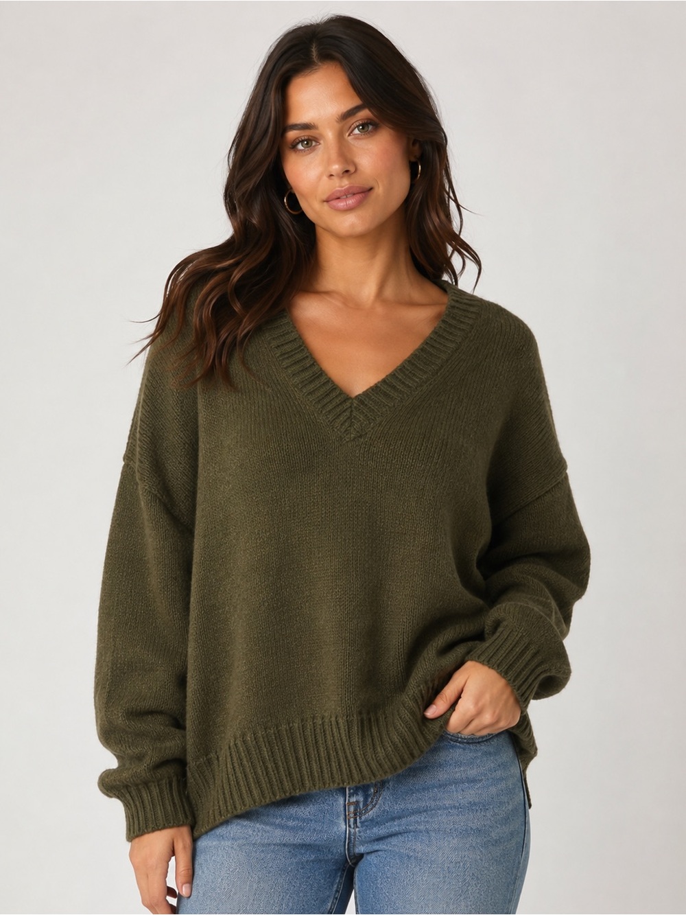 Yousify Women’s Small Olive Green V-Neck Relaxed Knit Sweater